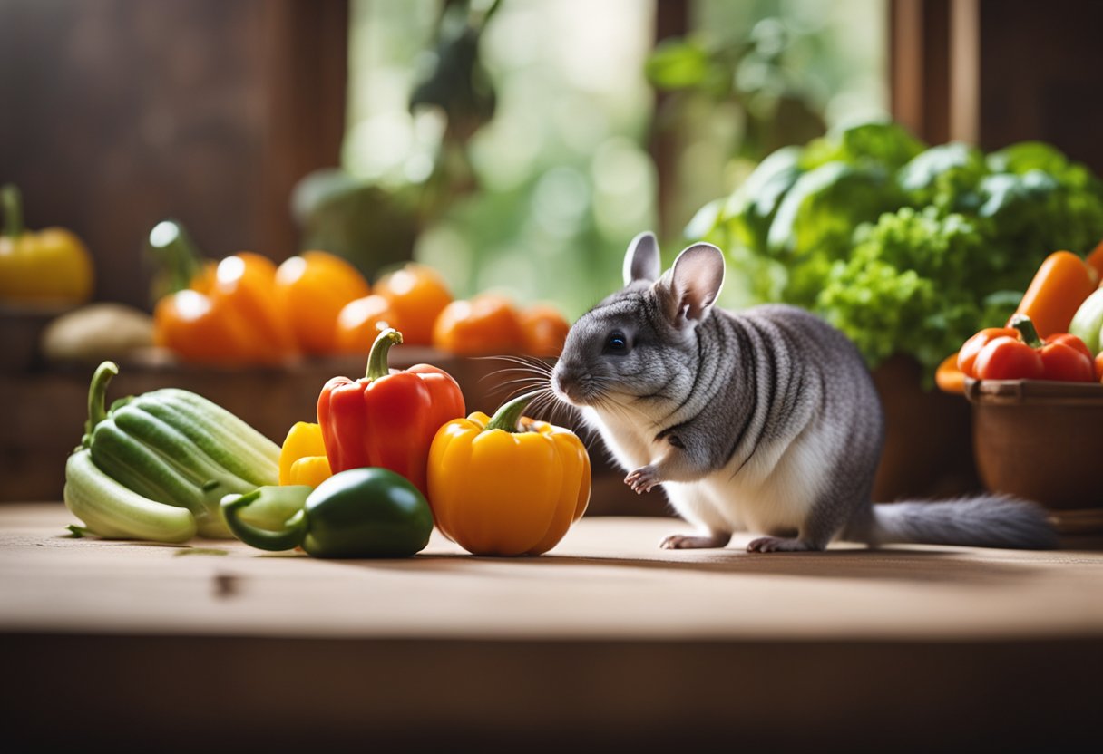 A chinchilla sniffs a bell pepper, while another chews on a piece, surrounded by scattered vegetables