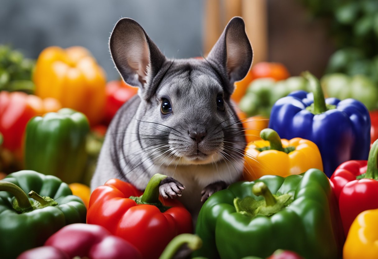 A chinchilla sitting next to a pile of colorful bell peppers, looking up with curiosity and anticipation