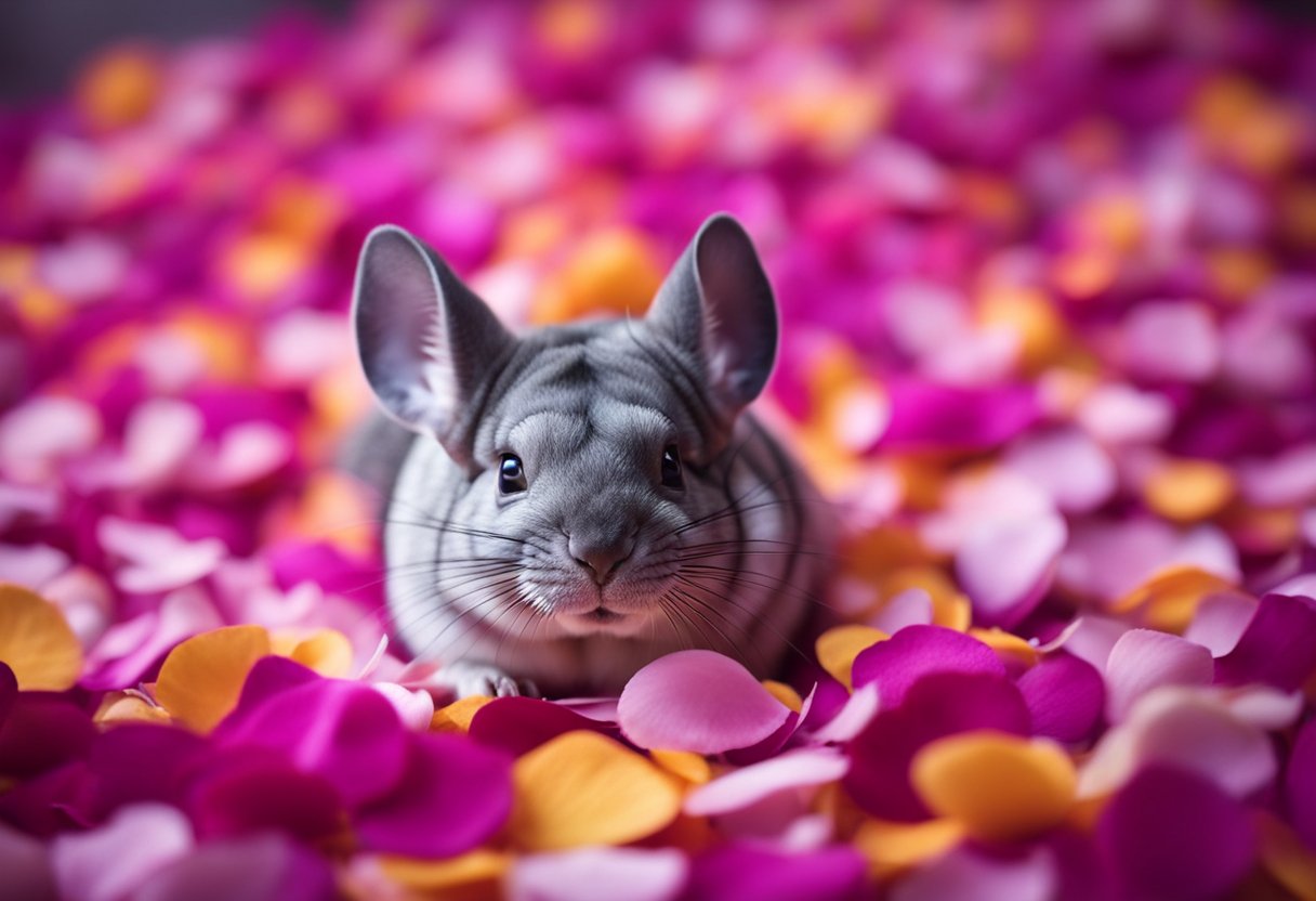 A chinchilla nibbles on a pile of colorful rose petals