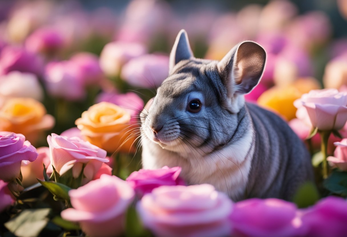 A chinchilla surrounded by colorful rose petals, sniffing and nibbling on them