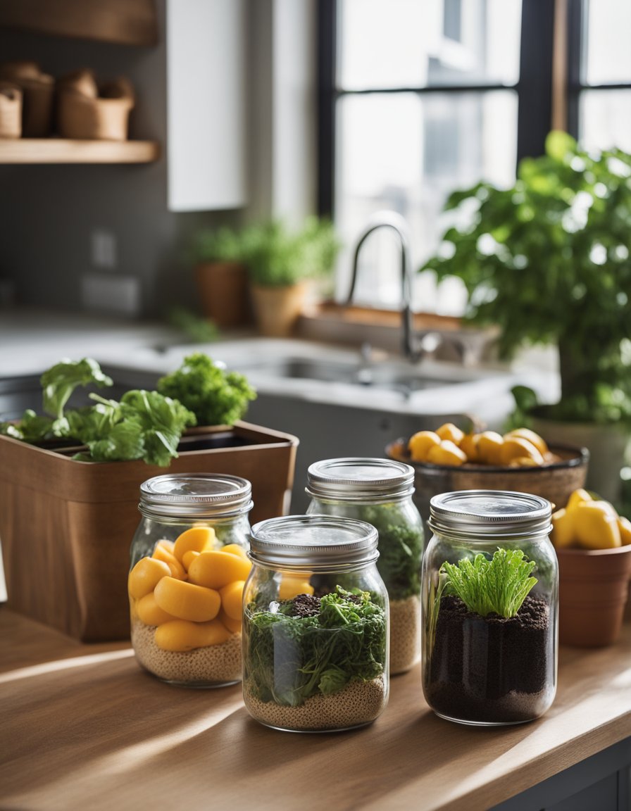 Une cuisine confortable avec des objets simples et réutilisables comme des bocaux en verre, des serviettes en tissu et un composteur. Un petit jardin à l'extérieur fournit des produits frais.