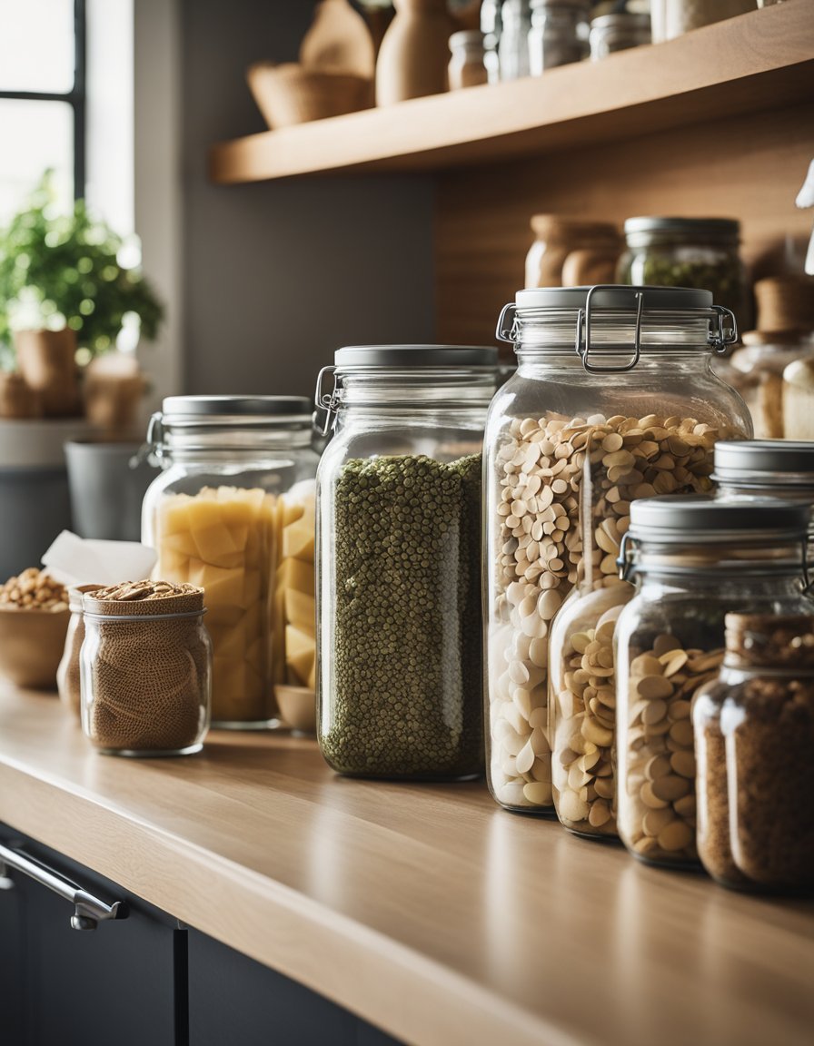 Un plan de travail de cuisine avec des bocaux de produits en vrac, un sac de courses réutilisable et des conseils pour économiser de l'argent épinglés à un tableau d'affichage.