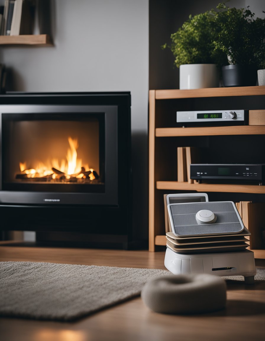 Un salon confortable avec des lumières tamisées, une télévision éteinte et une pile de livres sur les conseils d'économie d'énergie. Un thermostat réglé sur une température plus basse et une casserole mijotant sur une cuisinière à gaz.