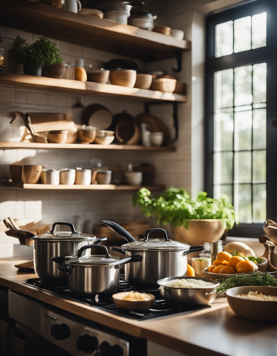 Une cuisine chaleureuse avec des casseroles et des poêles, des ingrédients frais, et un livre de cuisine ouvert à une recette économique. La lumière du soleil pénètre par la fenêtre.