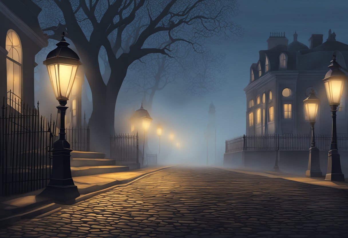 A foggy night on a cobblestone street, old lanterns casting eerie shadows near a historic Victorian mansion