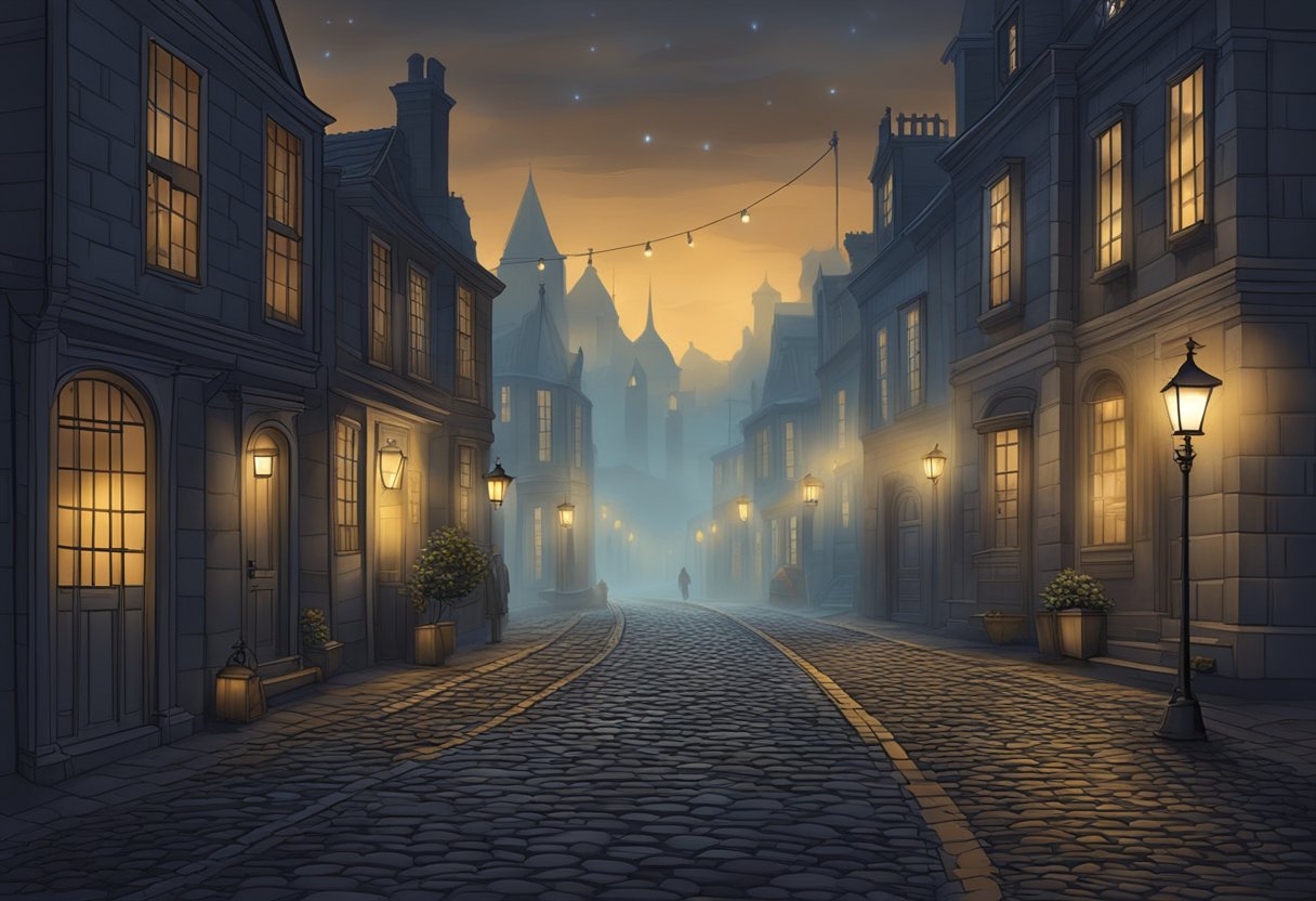 A misty cobblestone street lined with historic buildings, lanterns casting an eerie glow, and shadowy figures lurking in the darkness