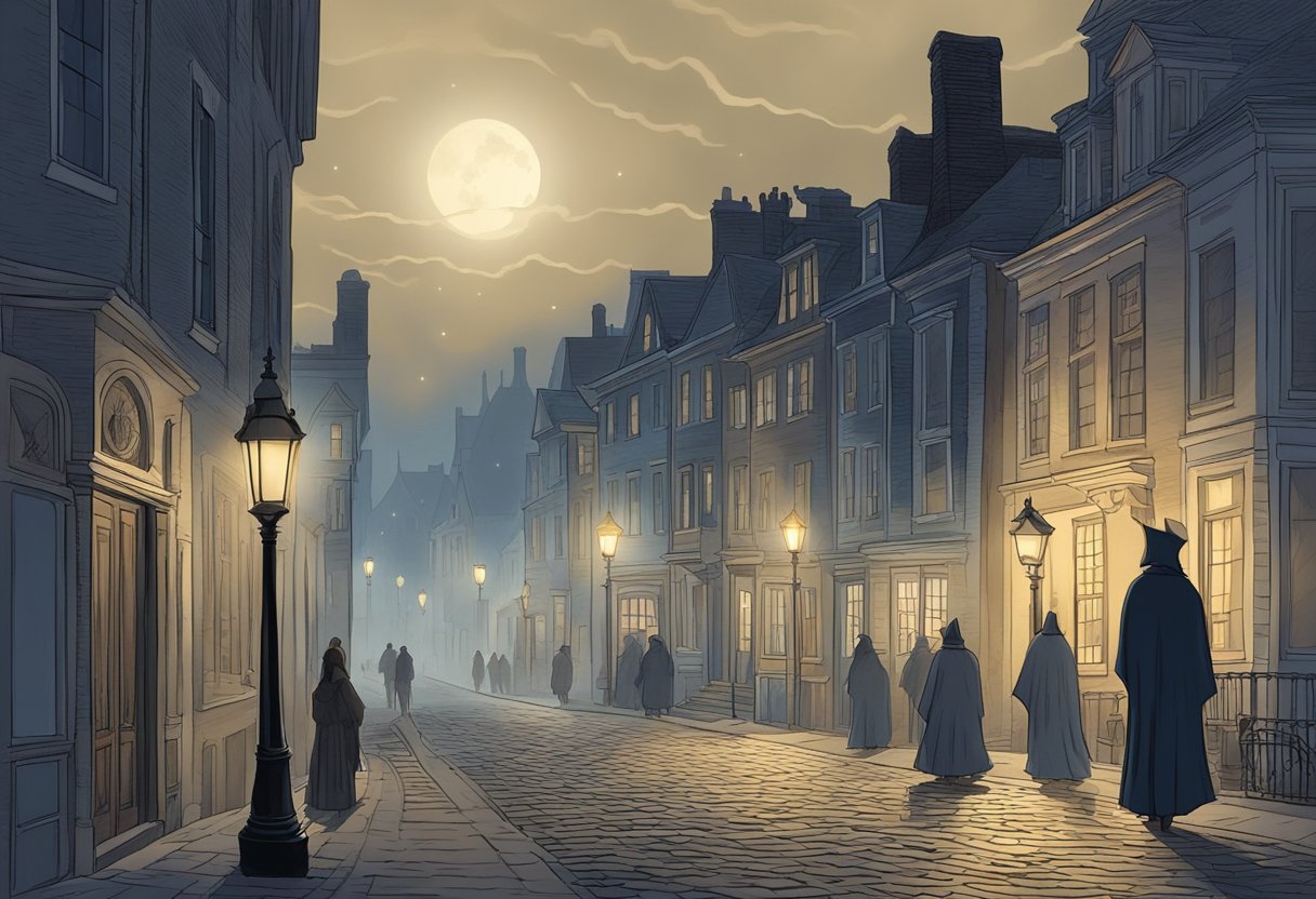 A moonlit street lined with historic buildings, fog swirling around gas lamps, and a figure in a cloak leading a group of curious tourists on a ghost tour