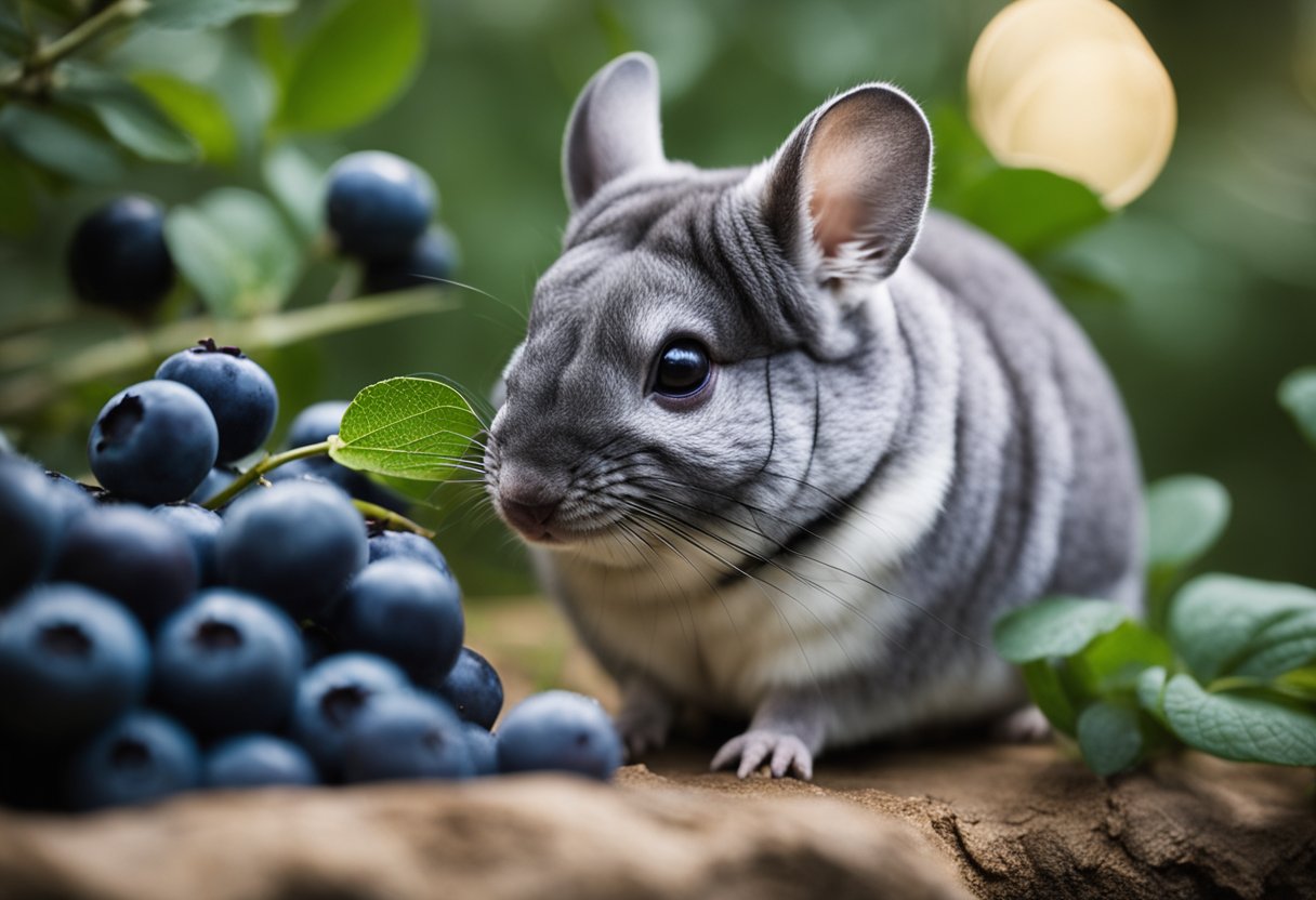 A chinchilla nibbles on a pile of fresh blueberries in its cage