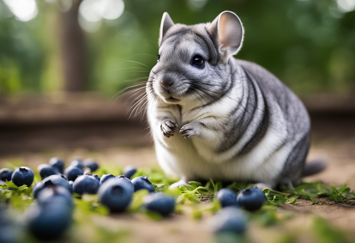 A chinchilla sitting next to a pile of blueberries, looking curious and sniffing the fruit