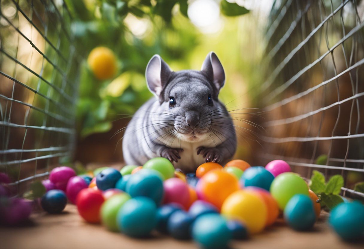 A chinchilla happily munches on a pile of fresh blueberries in its cage, surrounded by colorful toys and a cozy nesting area