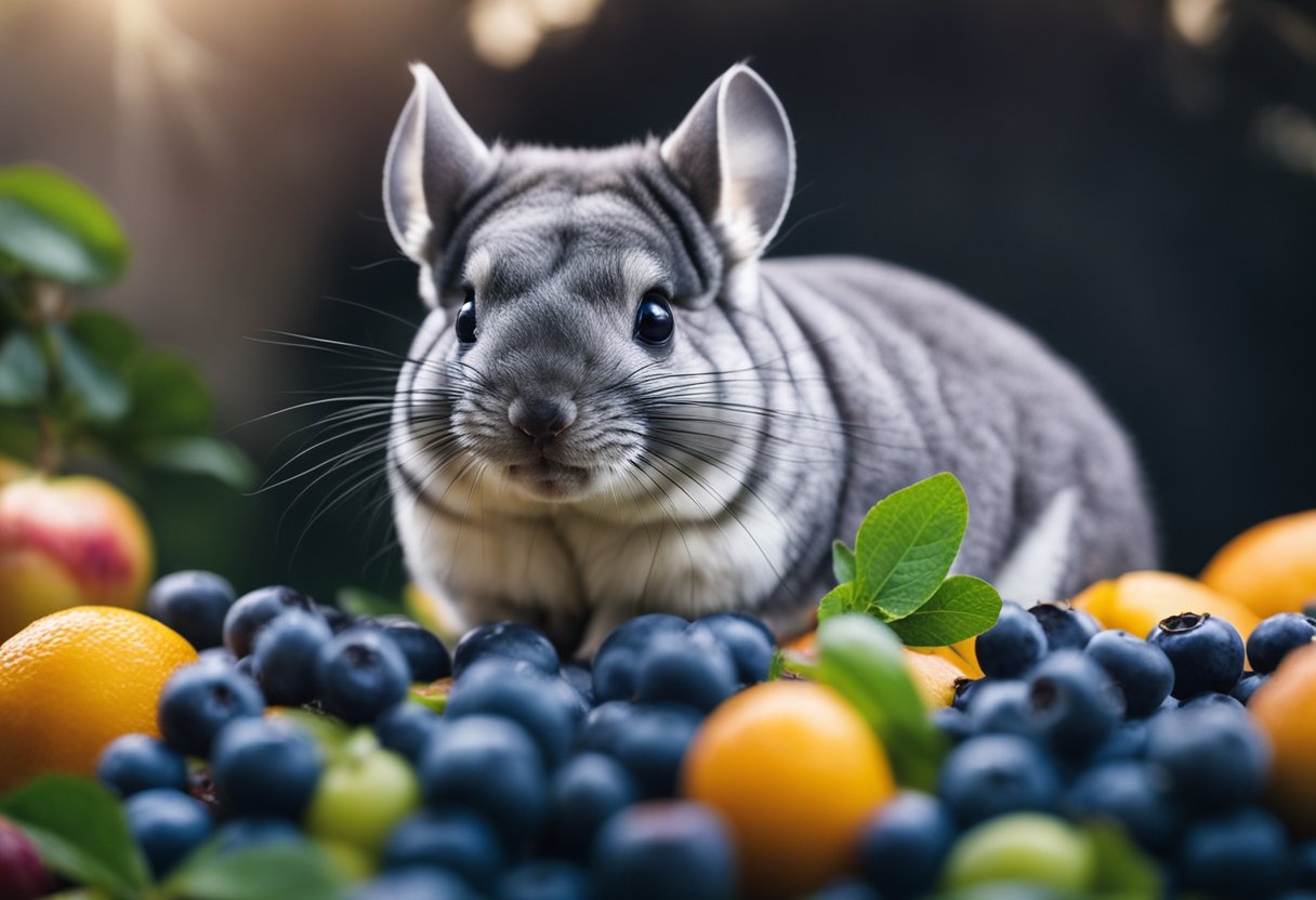 A chinchilla nibbles on a pile of blueberries, surrounded by a few scattered fruits and a curious expression