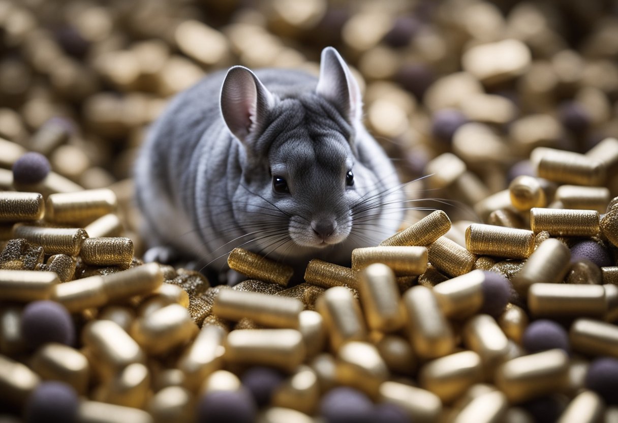 A chinchilla nibbles on a pile of rabbit food pellets in a small dish