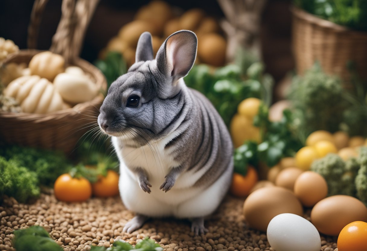 A chinchilla surrounded by various types of rabbit food, looking curious but unsure