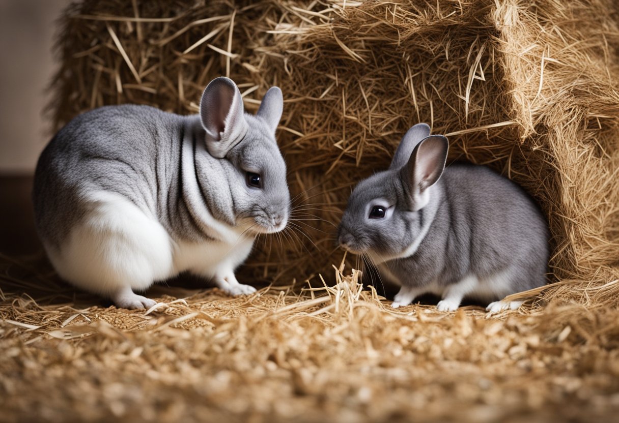 A chinchilla sniffs at a pile of rabbit food, while a rabbit nibbles on a pile of hay