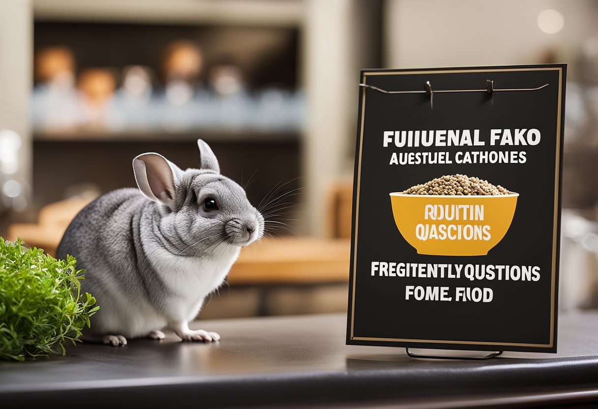 A chinchilla and a bowl of rabbit food next to a sign that reads "Frequently Asked Questions"