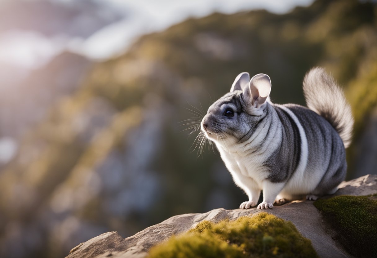 A chinchilla leaps off a high cliff, its fluffy fur billowing in the wind as it glides through the air