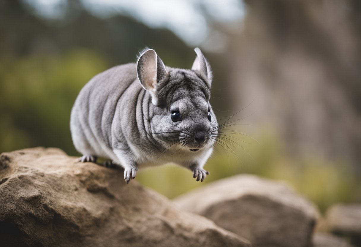 A chinchilla is leaping off a rock, its legs tucked in as it glides through the air with a curious expression on its face