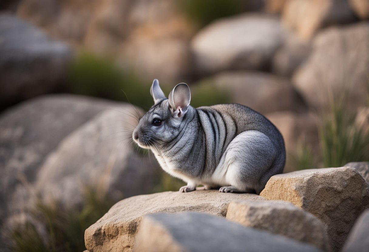 A chinchilla perched on a rocky ledge, its thick fur blending with the surrounding rocks. Its large ears are perked up, listening for any signs of danger