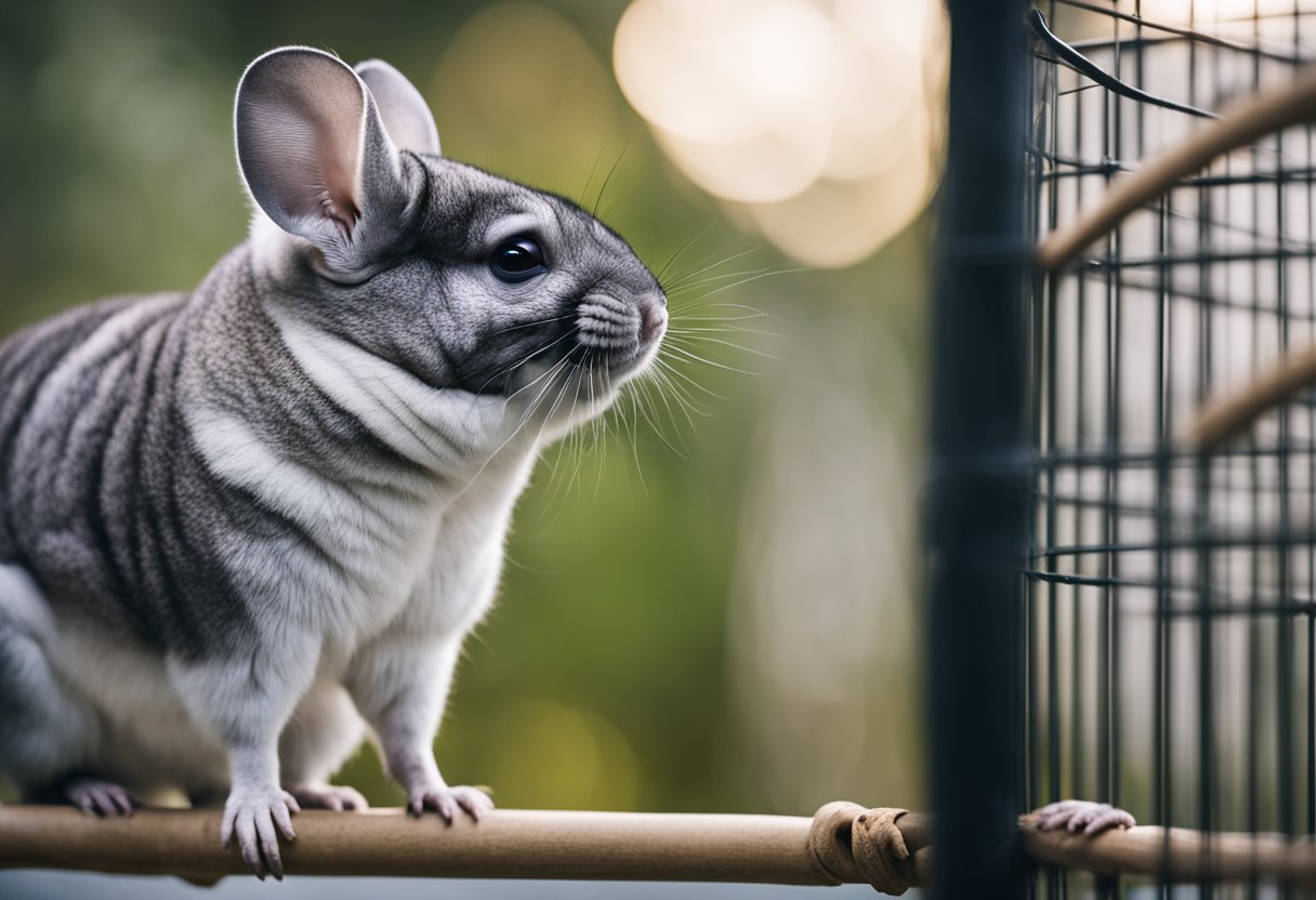 A chinchilla stands on hind legs, barking at a passing bird outside its cage