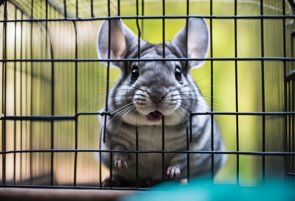 A chinchilla sitting in its cage, with its ears perked up and mouth open, emitting a series of high-pitched barking sounds