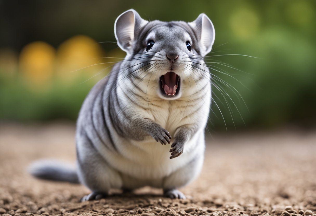 A chinchilla stands on its hind legs, barking with its mouth open, ears perked up, and tail raised in a defensive posture