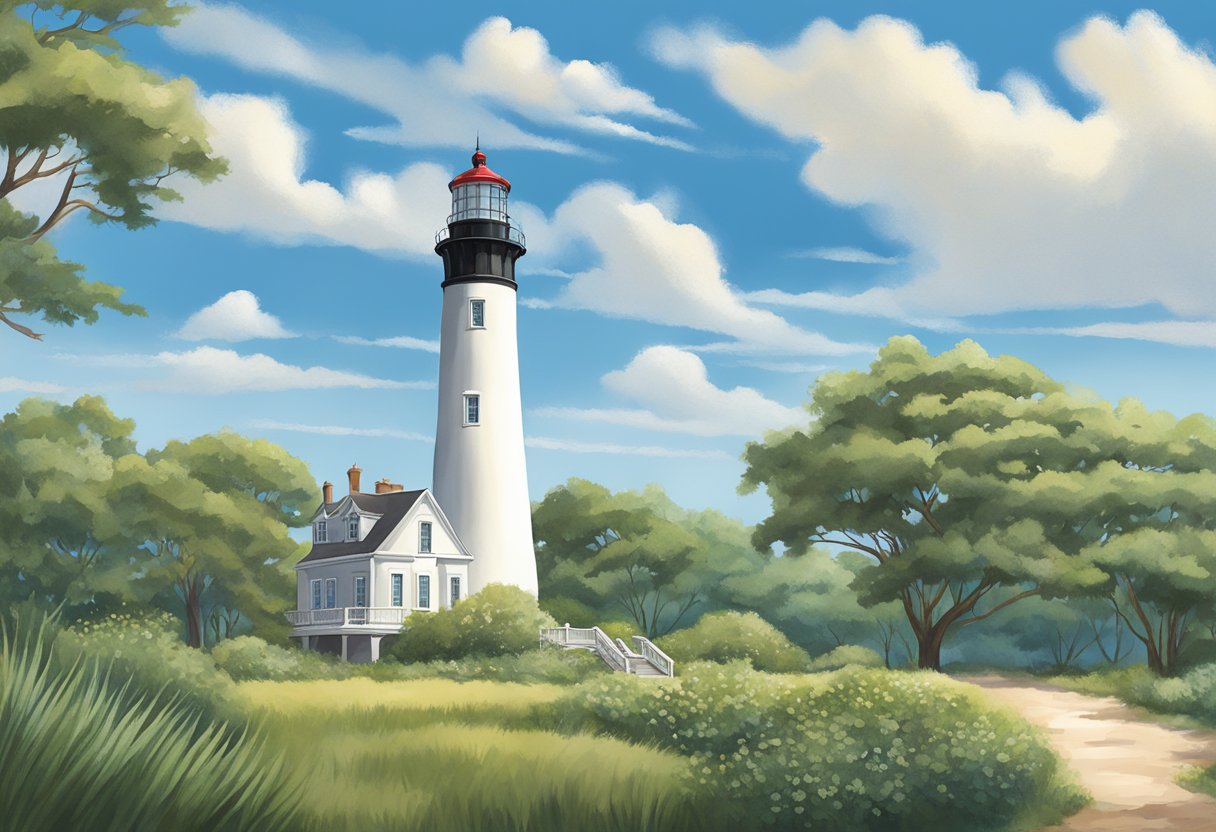 The Cape May Lighthouse stands tall against a clear blue sky, surrounded by greenery and a rocky coastline