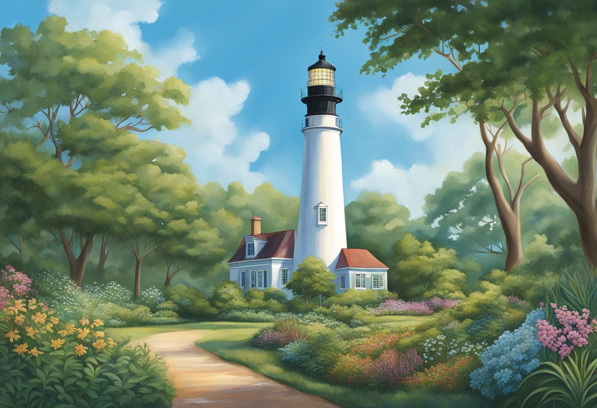 The Cape May Lighthouse stands tall against a backdrop of lush greenery and a clear blue sky, with a variety of native plants and wildlife surrounding its base