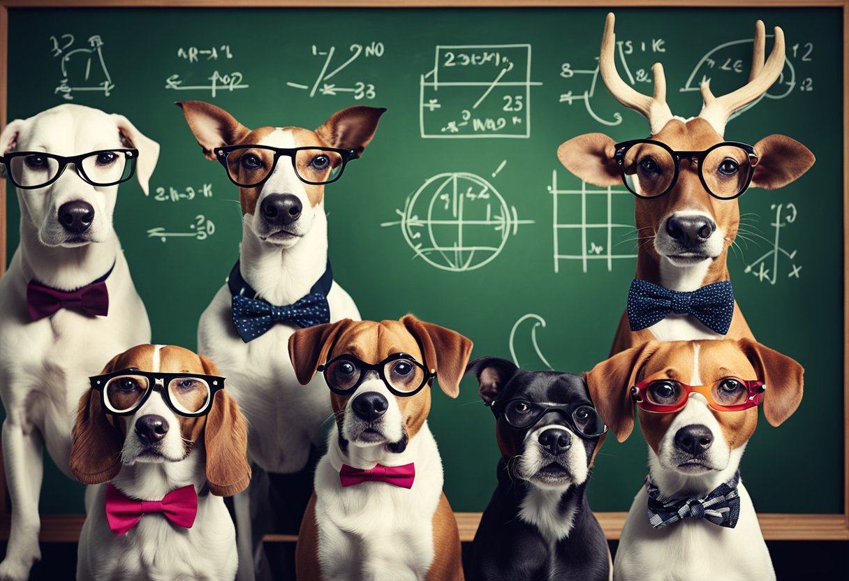 A group of animals wearing oversized glasses and bow ties, standing in front of a chalkboard with funny math equations and doodles