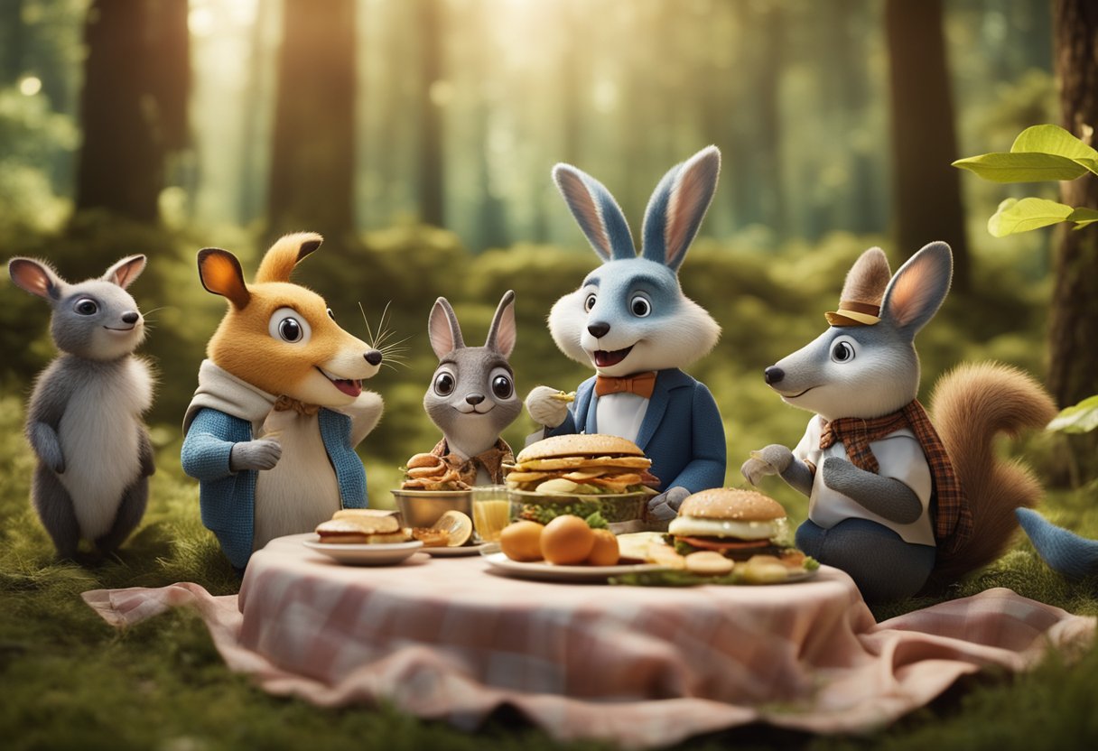 A group of anthropomorphic animals having a picnic in a whimsical forest setting, with exaggerated expressions and comedic interactions