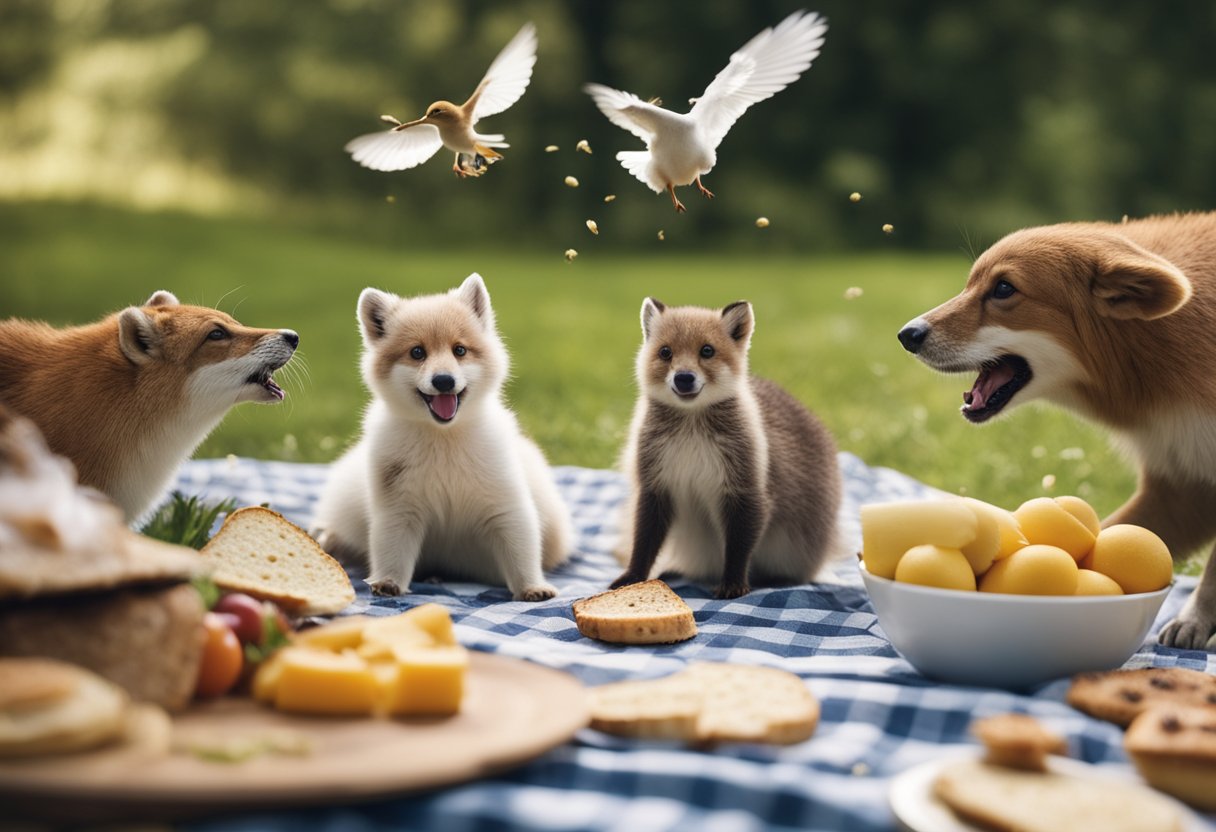 A group of animals having a picnic with food flying everywhere as they playfully interact