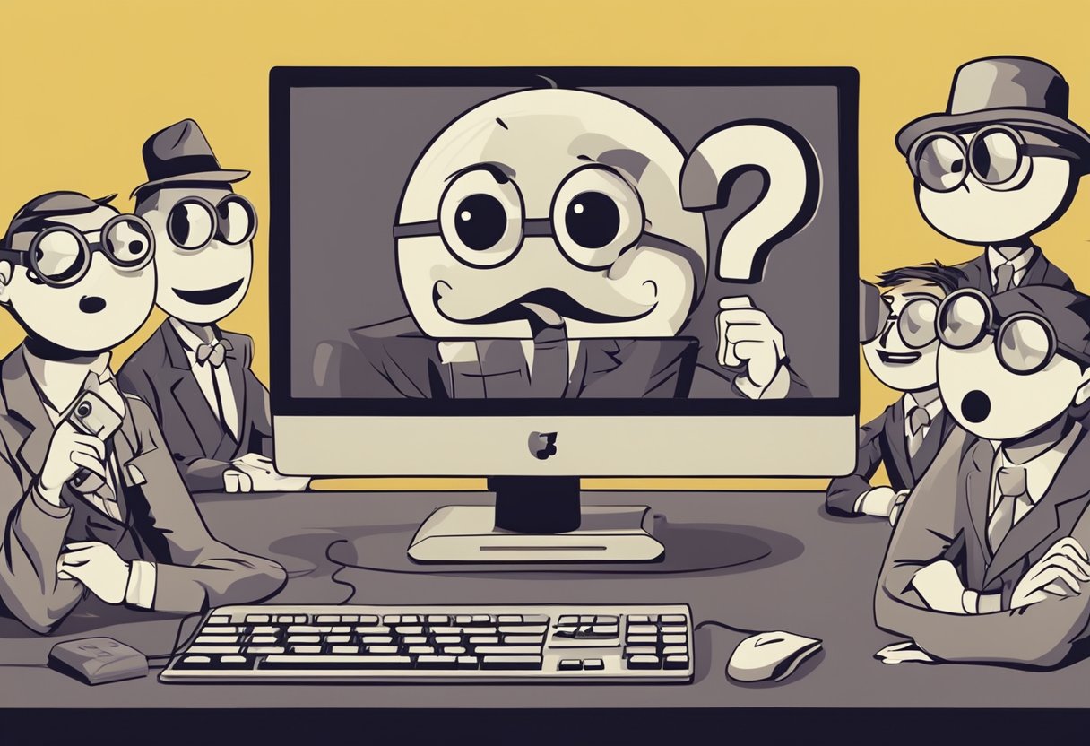 A group of quirky, anthropomorphic question marks gathered around a computer, looking confused and exchanging funny expressions