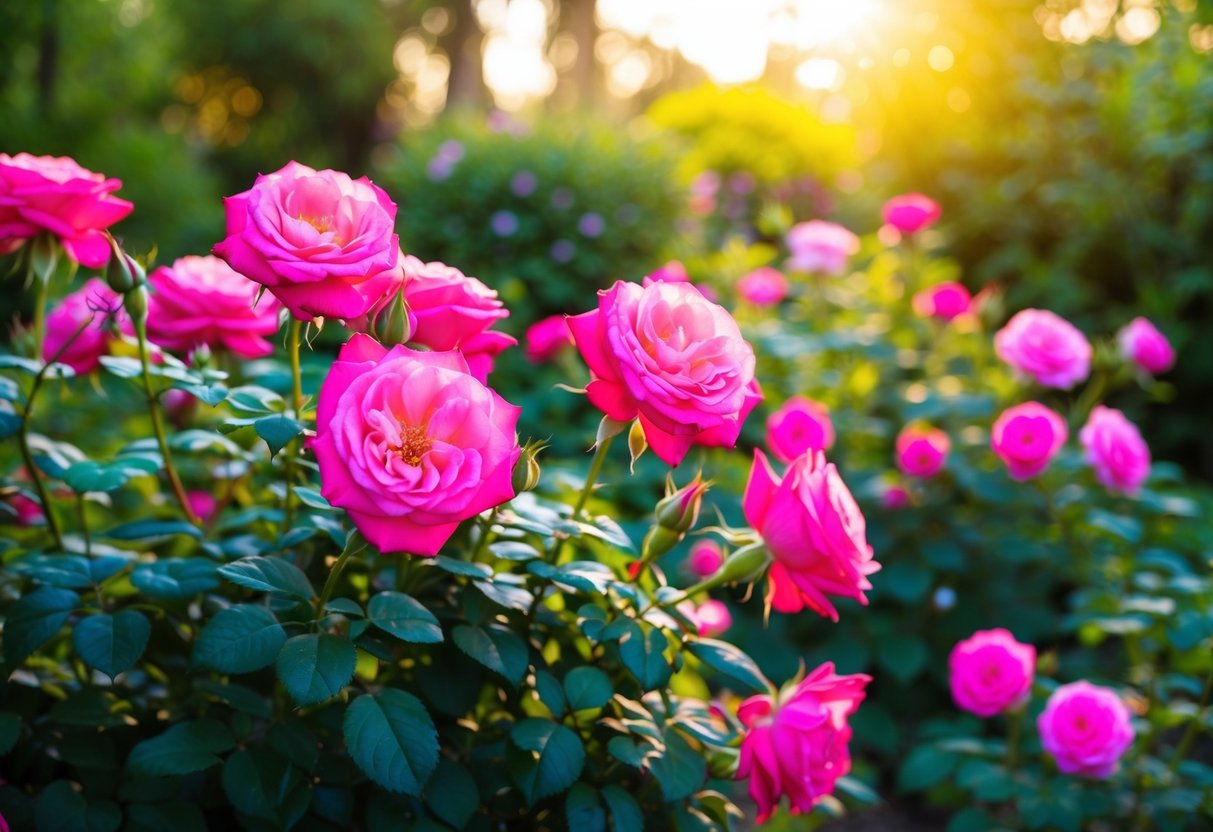 Een tuin met levendige rozen in volle bloei, omringd door weelderig groen en badend in warm zonlicht