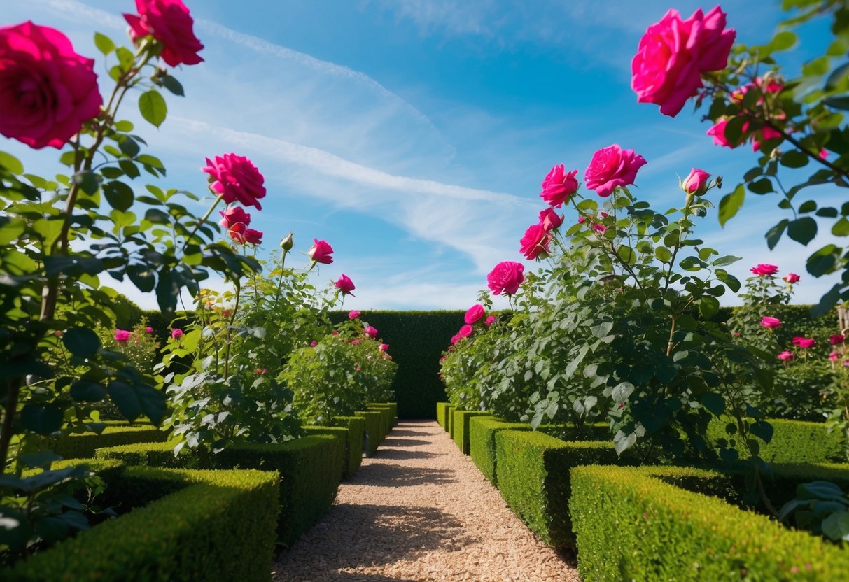 Een serene tuin met rijen levendige rozenstruiken, omringd door keurig getrimde hagen en een heldere blauwe lucht erboven.