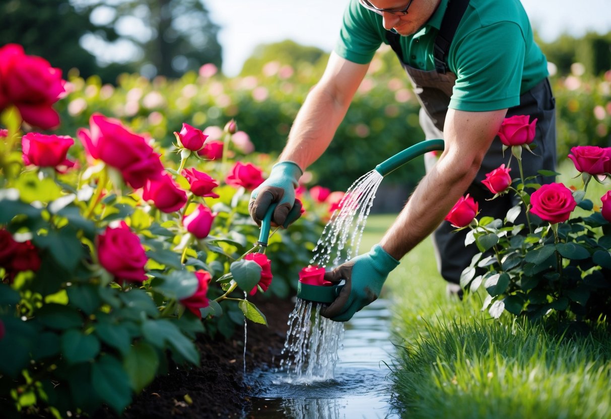 Een tuinier snoeit en bewaterd zorgvuldig een bed met levendige, bloeiende rozen.