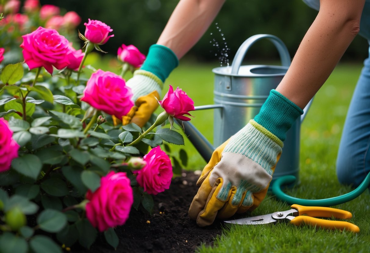 Een paar tuinhandschoenen zorgt voor een bed met levendige, bloeiende rozen. Een gieter en snoeischaar liggen in de buurt.