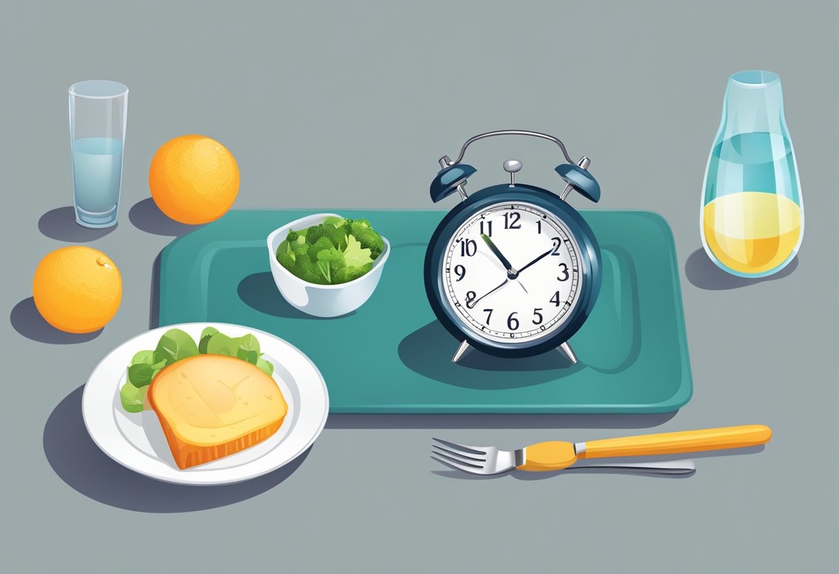 A Clock Showing 16 Hours, A Plate Of Healthy Food, And A Glass Of Water On A Table