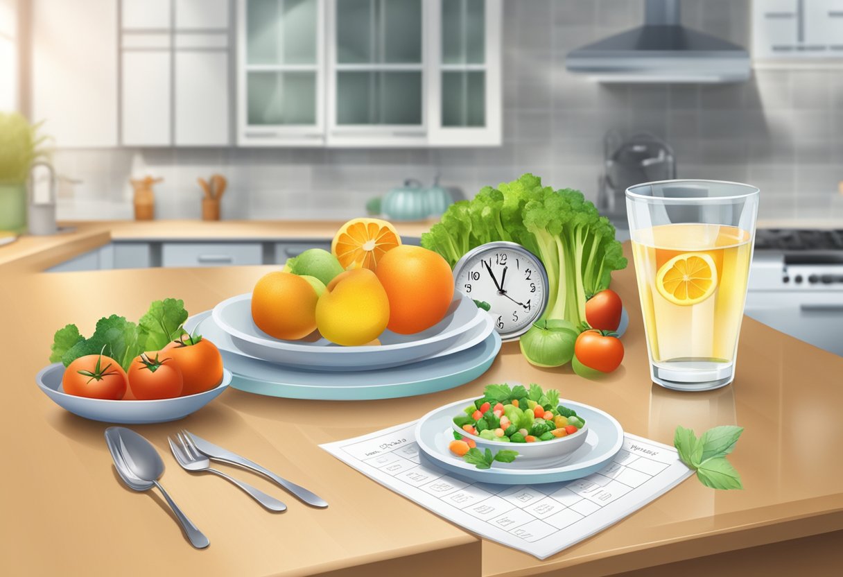 A Clock On A Kitchen Counter With An Empty Plate And Glass Of Water, Surrounded By Healthy Food And A Calendar