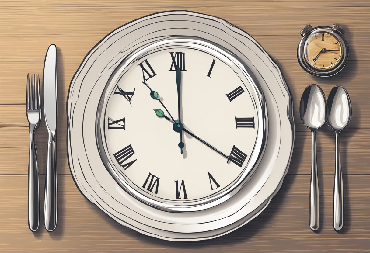 A Table Set With A Clock Showing 12 Pm, A Plate Of Food, And An Empty Glass Symbolizing The Start Of Intermittent Fasting For Beginners Over 40