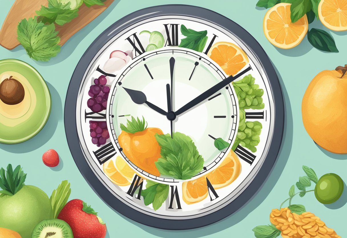 A Clock Showing The Time Window For Intermittent Fasting, Surrounded By Healthy Food Options And A Glass Of Water