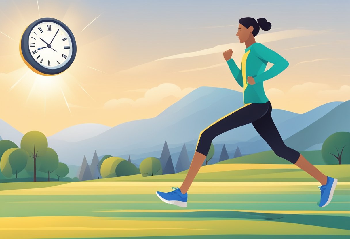 A Person Jogging In The Early Morning Sunlight, With A Clock Showing The Time Window For Intermittent Fasting