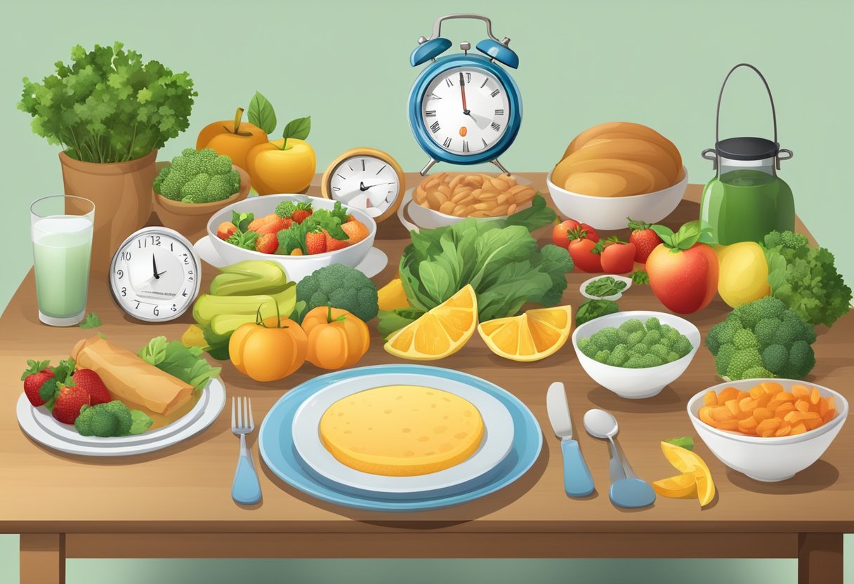 A Table Set With A Variety Of Healthy Foods And A Clock Showing A 16-Hour Fasting Window