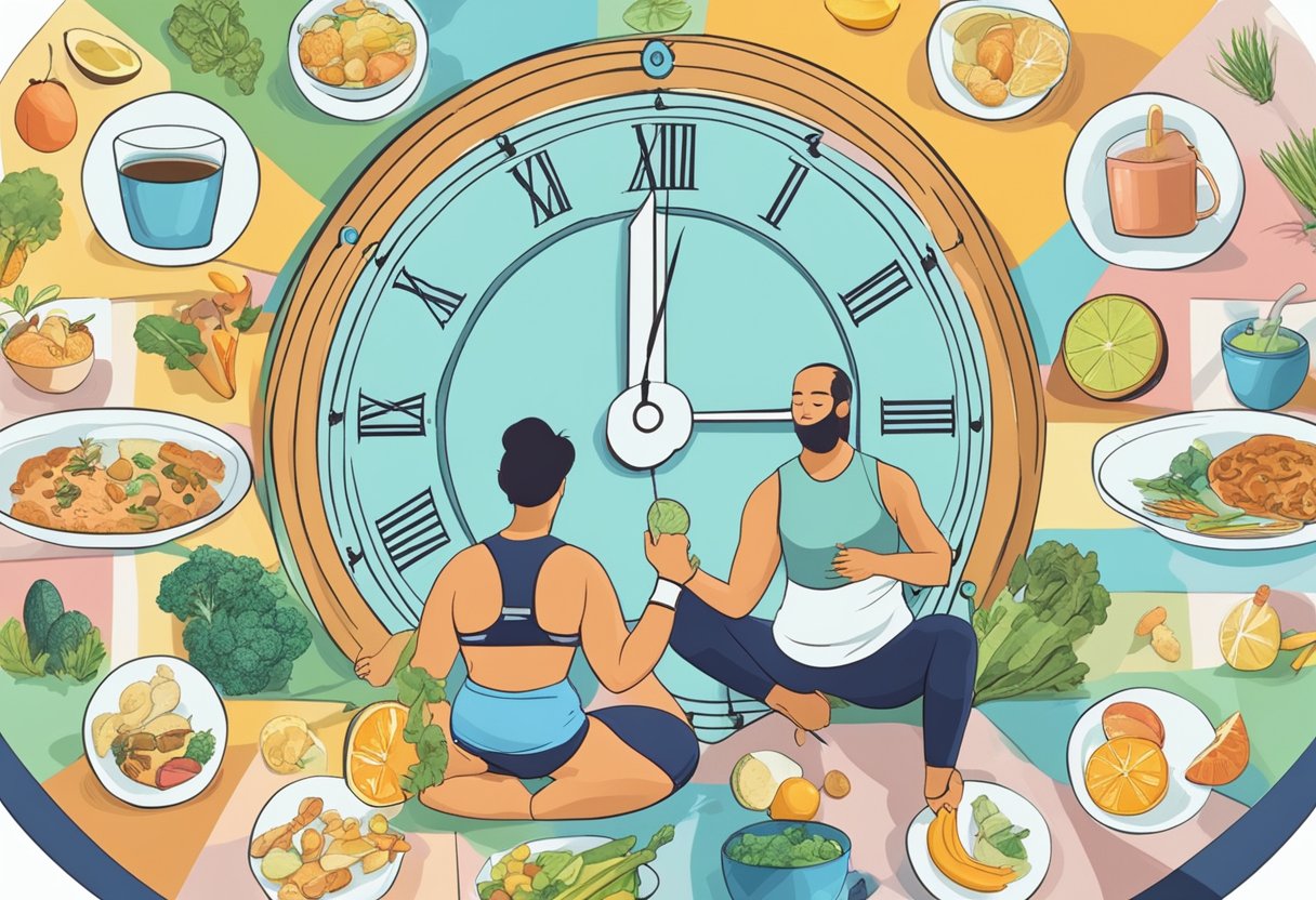 A Clock Showing A 16-Hour Fasting Window, Surrounded By Images Of Hormone-Regulating Foods And A Person Exercising