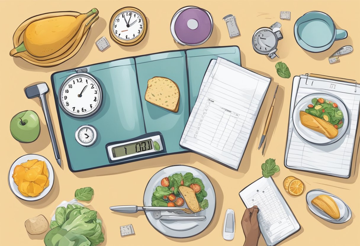 A Table With A Calendar, Clock, And Food Scale. A Person Recording Their Weight And Meal Times In A Journal