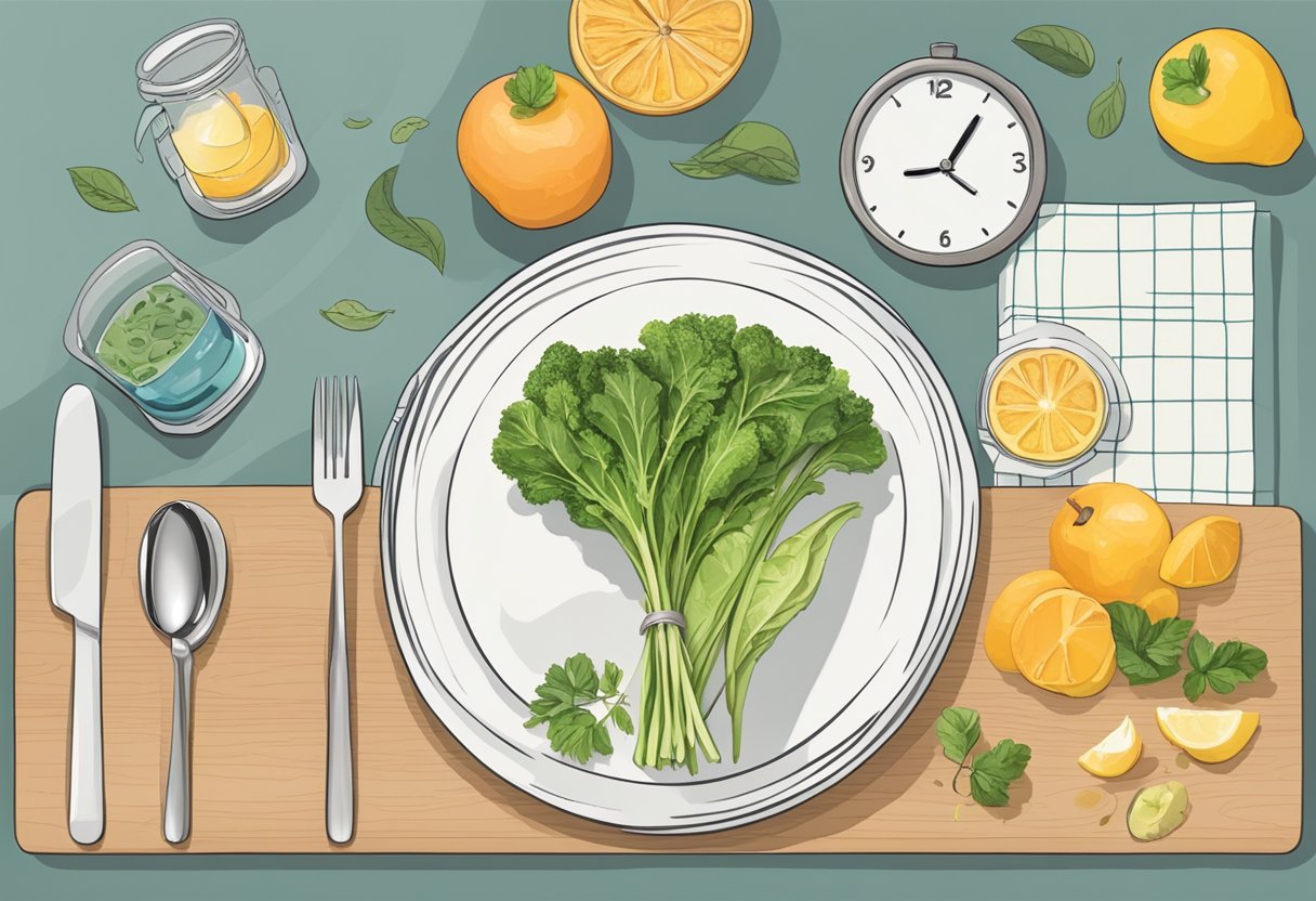 A Serene Kitchen Table Set With A Plate Of Healthy Food And A Glass Of Water, With A Clock Showing A Specific Time To Depict Intermittent Fasting For Beginners Over 40