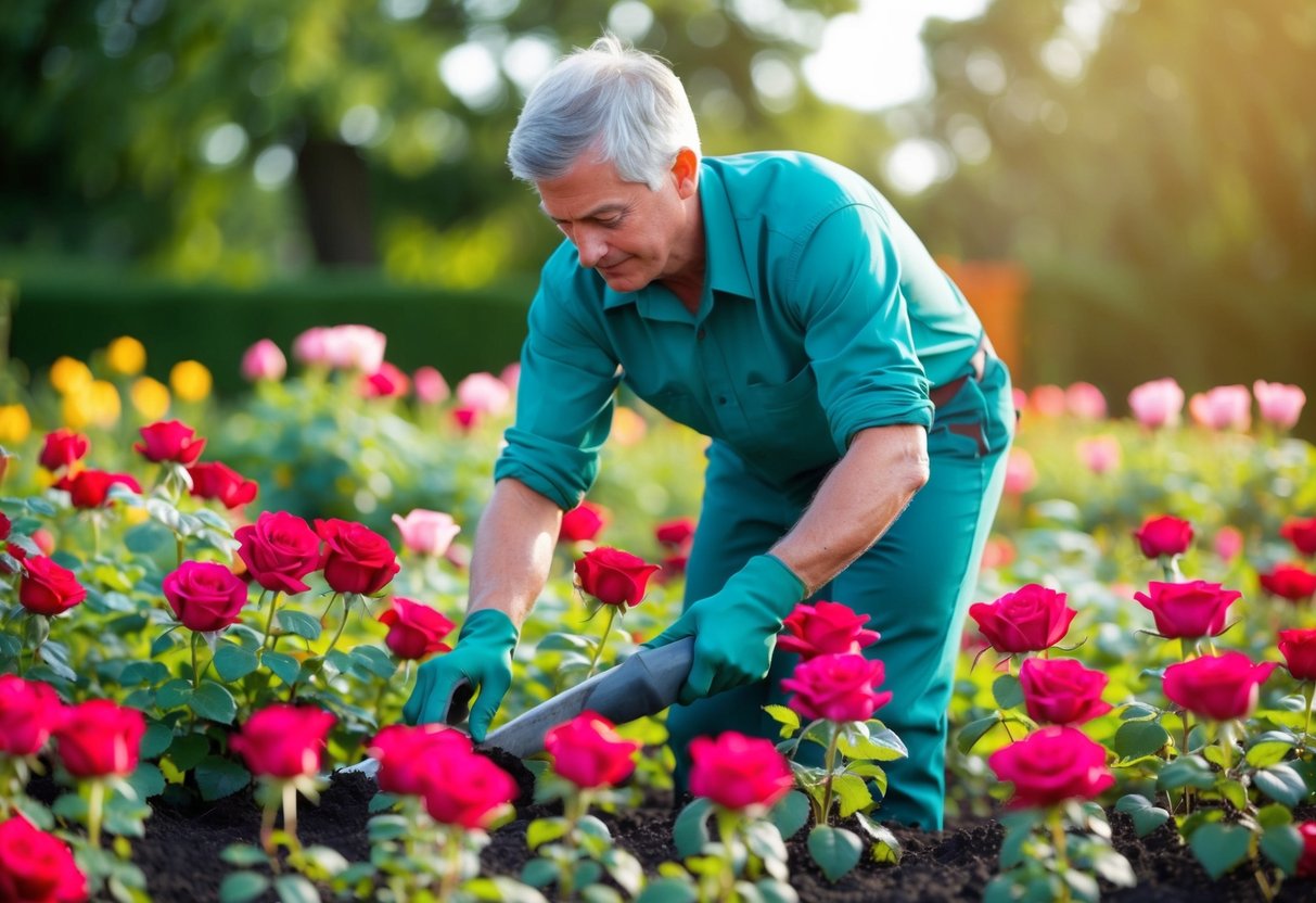 Een tuinier die zorgvuldig een bed met levendige rozen bemest