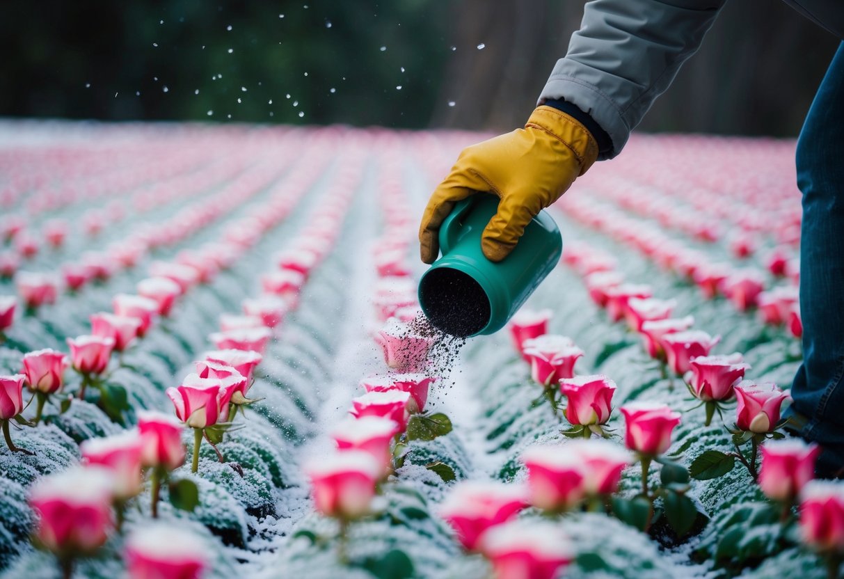 Een persoon die kunstmest over een bed met bevroren rozen strooit