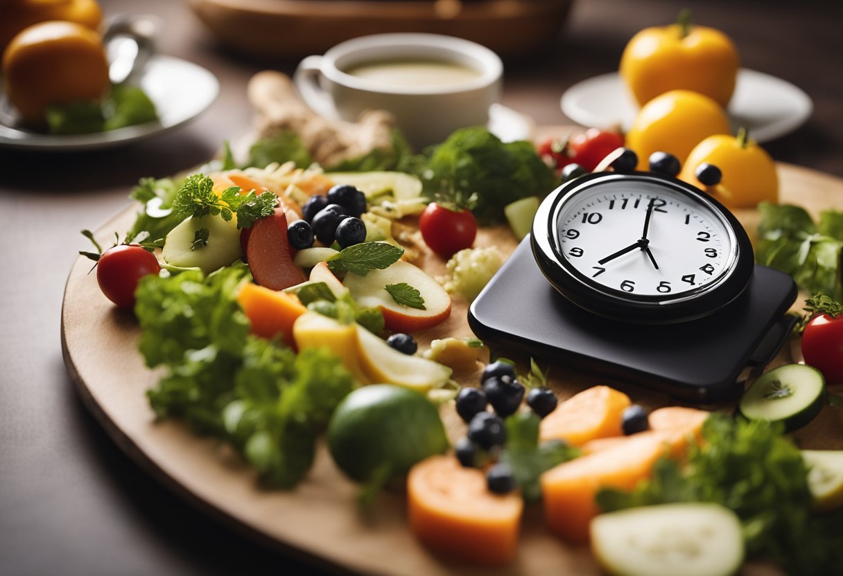 A Clock Showing The Time Between Meals, Healthy Food, And A Person Feeling Energized