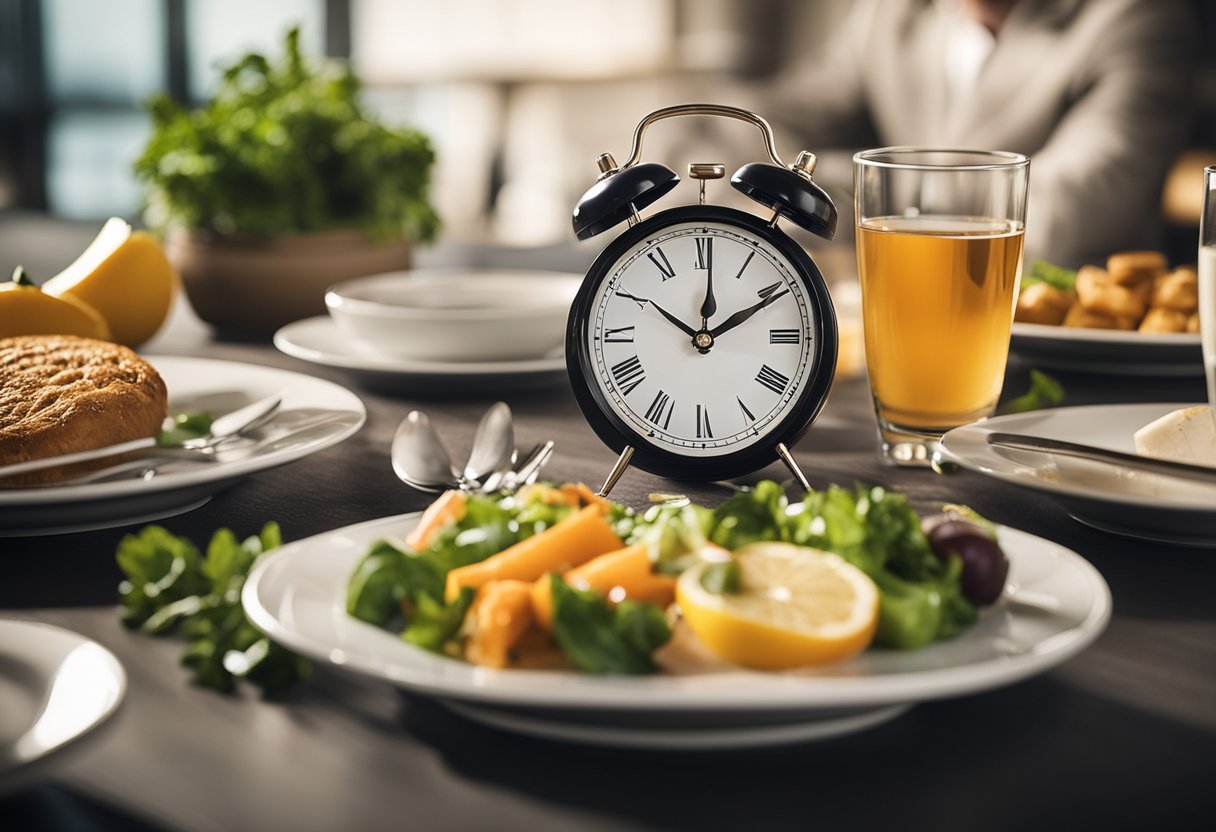 A Table Set With A Clock Showing The Time For The Start Of Fasting, Healthy Food Options, And Water To Symbolize The Beginning Of Intermittent Fasting