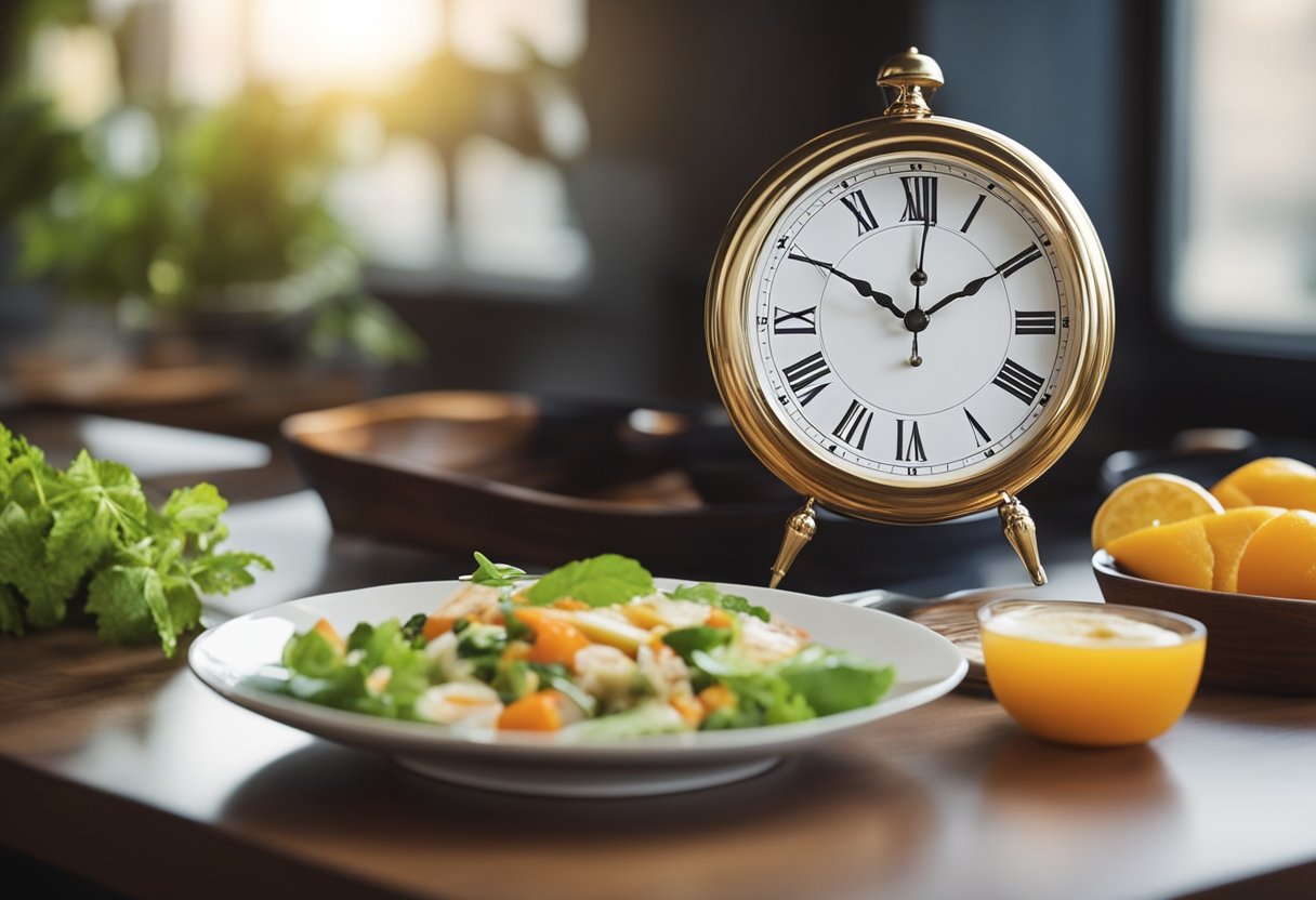 A Clock Showing The Time Period For Fasting, A Plate Of Healthy Food, And A Calendar Marking The Fasting Schedule