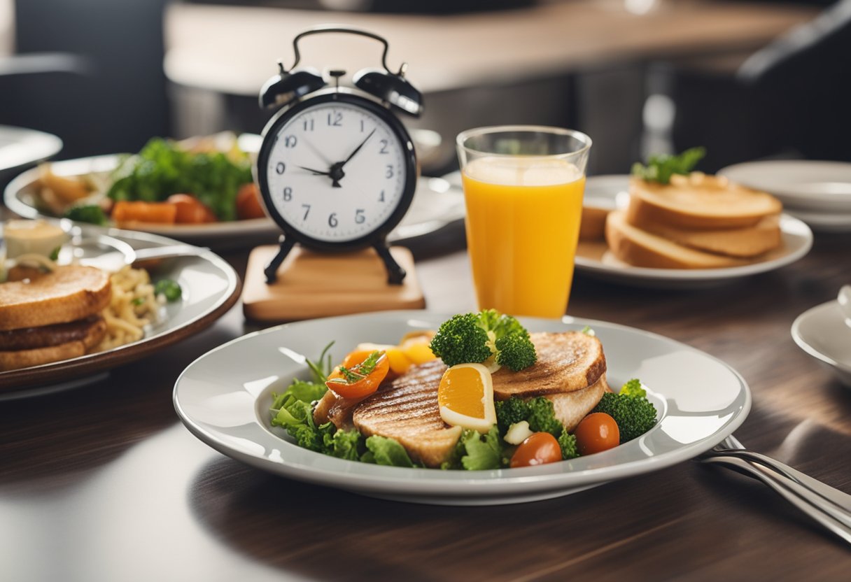 A Table Set With A Balanced Meal And A Clock Showing A Specific Time Frame For Fasting